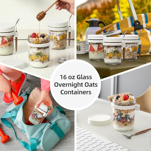 Image of LANDNEOO 4 Pack Overnight Oats Containers with Lids and Spoons, 16 oz Glass Mason Jars with Airtight Lids, Overnight Oats Jars for Milk, Cereal, Fruit-White
