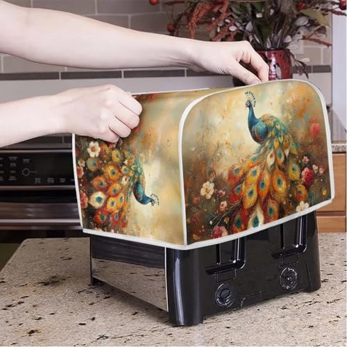 Image of Talayituse Peacock Flower Print Toaster Cover 2 Slice Wide Slot, Lightweight Bread Maker Cover Dust Protection Washable Appliance Bag, S