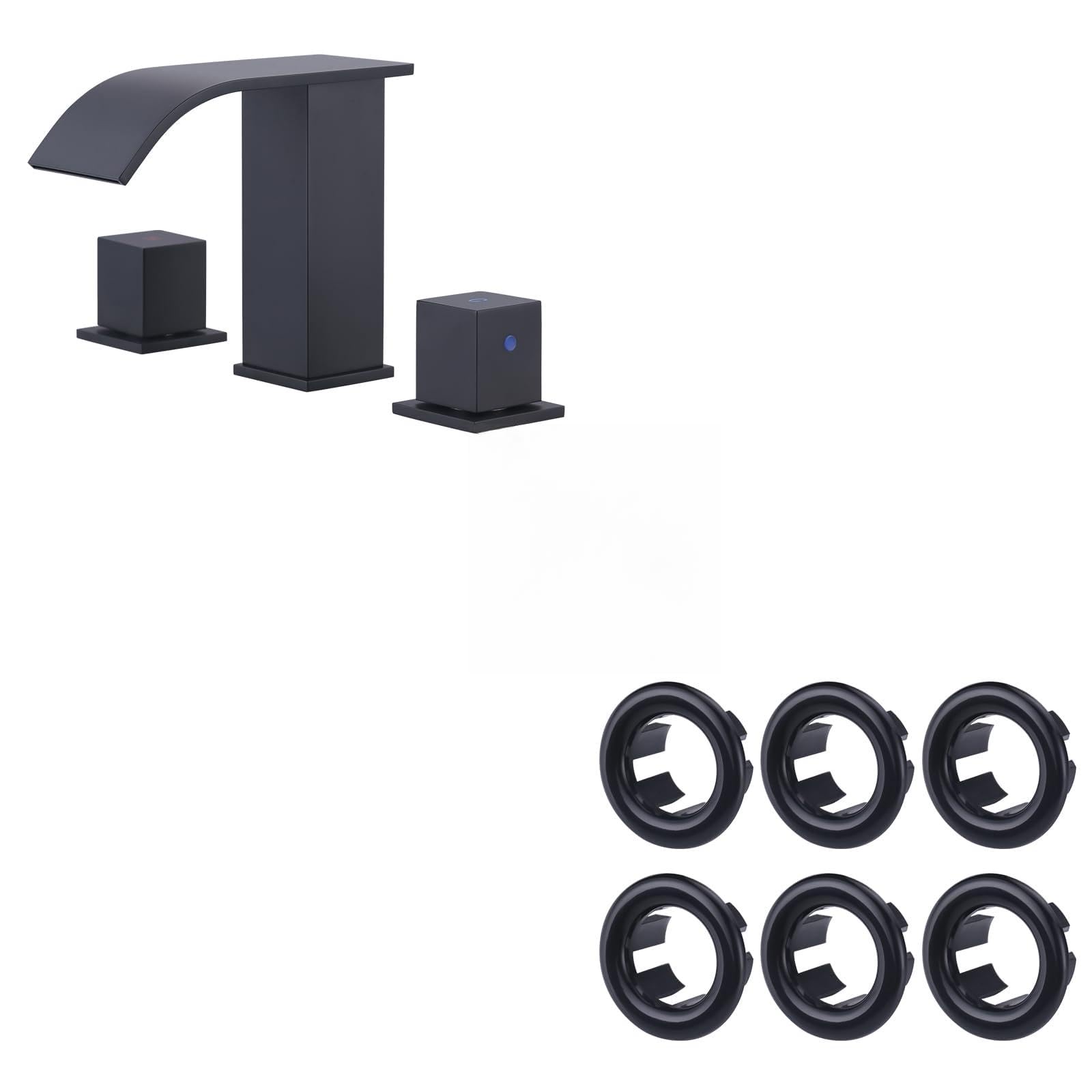 Nfusrxmbk Black Matte Waterfall Bathroom Faucet And 6 Pack Sink Overflow Ring