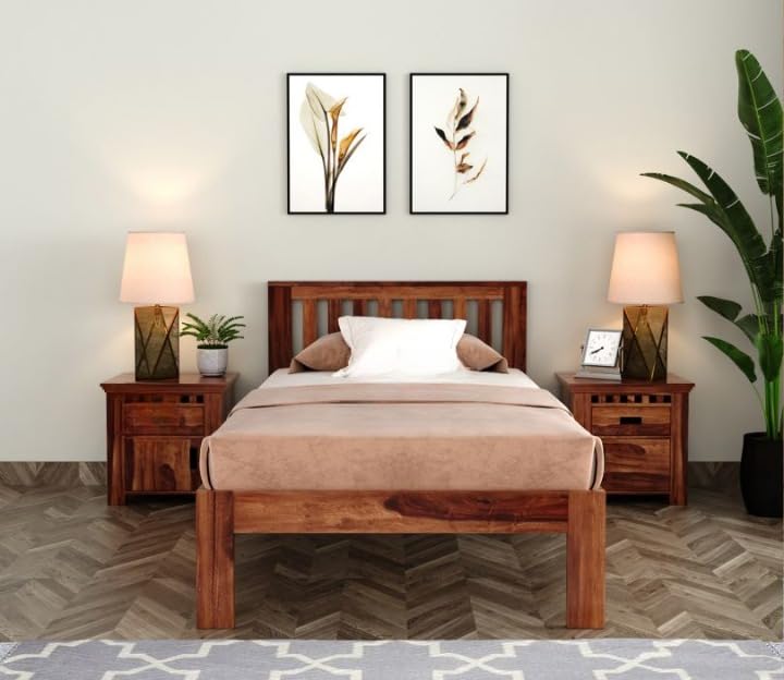 Image of BM WOOD FURNITURE Solid Sheesham Wood Single Bed Without Storage - Elegant and Functional Bedroom Furniture (Honey Finish)