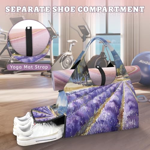 Yoga Bag for Women，Waterproof Polyester Gym Bag Detachable Strap,Shoe Pocket，Double Zipper,Landscape Lavender Duffel Bags4
