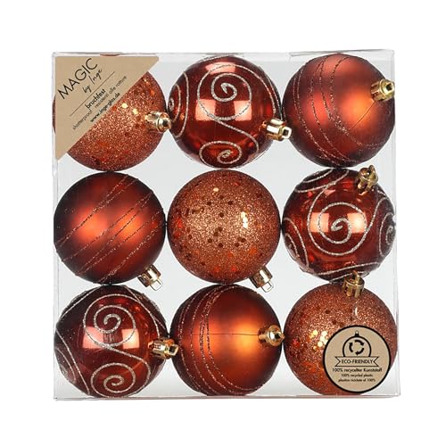 Inge-glas Weihnachtskugeln Kunststoff 6cm 9er Set - bruchsicher & mit Glitzer Muster - Christbaumkugeln für Weihnachtsbaum - Weihnachtsbaumkugeln & Christbaumschmuck Kupfer - Roasted Almond