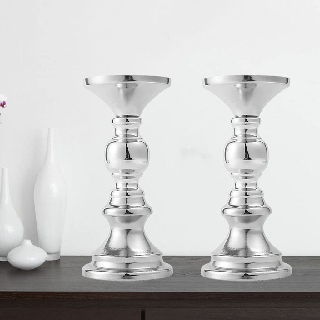 MagiDeal Vintage Kerzenständer 2er Set, Säulenkerzenhalter Tischdekoration Kerzenhalter Stumpenkerzen Adventskerzenhalter für Hochzeit Weihnachten Geburtstag Wohnzimmer - Silber