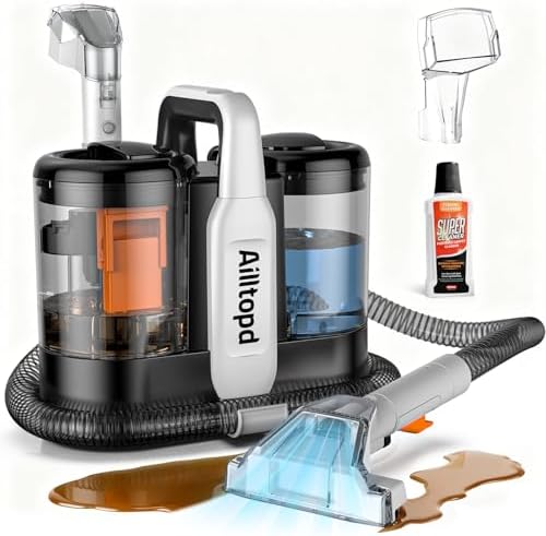 Ailltopd Nettoyeur de taches, nettoyeur de tapis portable pour animaux domestiques, nettoyant à ventouse puissante pour canapé, siège de voiture, escaliers avec 2 têtes de brosse et solution