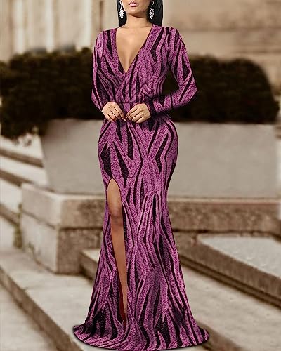 Image of Women's Sexy Long Sleeve Sparkly Maxi Dress V Neck High Slit Wrap Formal Gown Cocktail Glitter Maxi Long Dresses