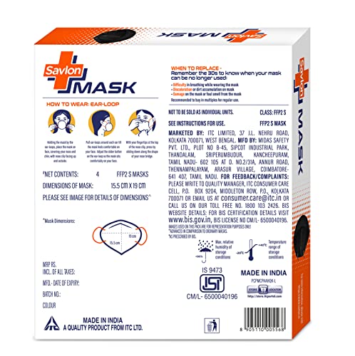 Image of Savlon Mask - Pack of 4 Black, Adjustable Ear-loops & Nose Foam Pad, BIS Certified FFP2 S Mask (Comparable to N95)