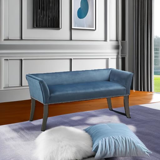 Image of Madison Park Accent Bench, Upholstered with Nailhead Trim, & Padded Seat Entryway Bench Small, End of Bed Bench with Back, 49.5 inch W x 19.25 inch D x 23 inch H, Blue