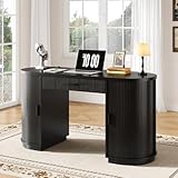 ONBRILL 58" Fluted Executive Desk with Storage, Home Office Desk with Drawers, Wood Computer Writing Desks with Charging Station for Study Living Room Bedroom Work Black