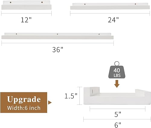 Miniatura 3 de Estantes flotantes blancos de madera natural montados en la pared, estante de pared de roble para el hogar, oficina, sala de estar, dormitorio,