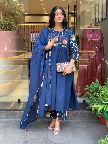 Image of GoSriKi Women's Rayon Viscose Anarkali Printed Kurta with Pant & Dupatta