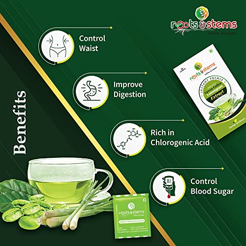 Image of roots & stems Green Coffee Lemongrass | Instant Premix Extract Powder with Probiotic | Arabica, Flavoured Coffee |100g (5gx20 Sachets) Pack of 3