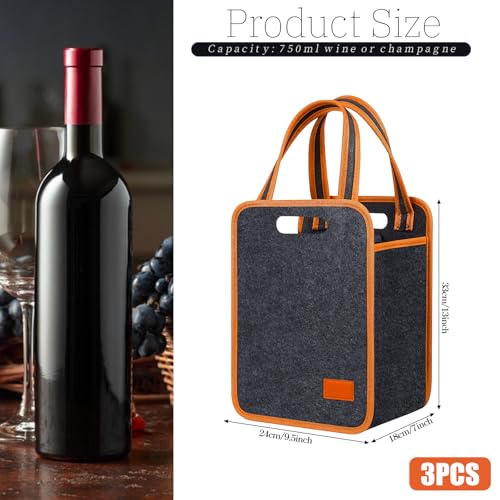 3 Pack Wine Tote Bag, 6 Bottle Insulated Thermal Padded Wine Carrier Reusable Grocery Tote Bags Portable Felt Beverage Organizer for Travel Camping, Picnic, Parties, Gifts (Brown, 9.5\" x 7\" x 13\")