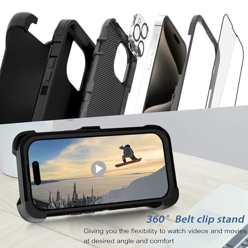 GYJ for iPhone 15 Pro Case 6.1" Belt-Clip Kickstand Holster with 2 Screen Protector + 2 Camera Lens Protector, Heavy Duty Military Grade Drop-Proof Phone Case Cover (Black+Clip) by GYJ - Image 2