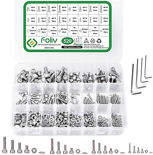 Foliv Kit 520PCS M3 M4 M5 M6 en Acier Inoxydable Boulon à Tête Hexagonale Socket Tête Câble Boulons Vis avec écrous Assortiment Cover