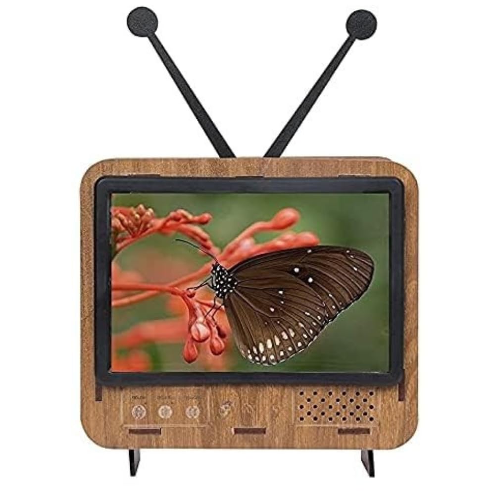 wooden retro style tv shape mobile magnifying glass stand mobile magnifier screen universal mobile holder stand for office desk tv shaped wood cell phone stand (brown)