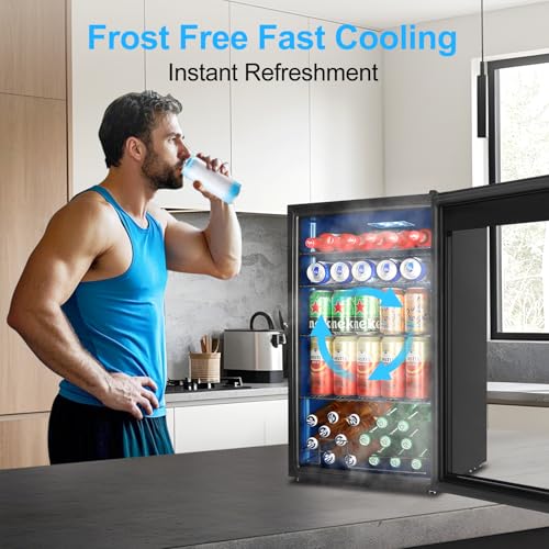 Image of Beverage Refrigerator 126 Can, Mini Beverage Fridge Small Beverage Cooler with Glass Door Safety Lock, Drink Fridge for Beer Soda Wine, Perfect for Dorm Office Hotel