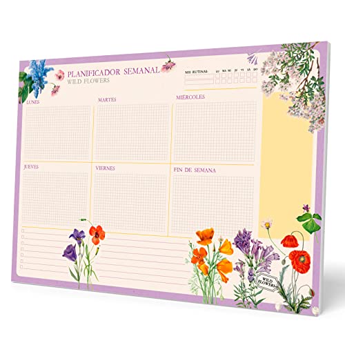Planificador semanal A3 Wild Flowers - Weekly planner : Planner Sin Fecha en Español - Organizador semanal escritorio [54 págs. con Alto Gramaje]