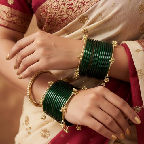 Image of Premium Glass Bangles Set with Ghungroo For Women Kangan Set For Women|Kanch Ki Chudiya Set Girls|Trendy Bangle For Gift|Wedding & Parties - Set Of 12