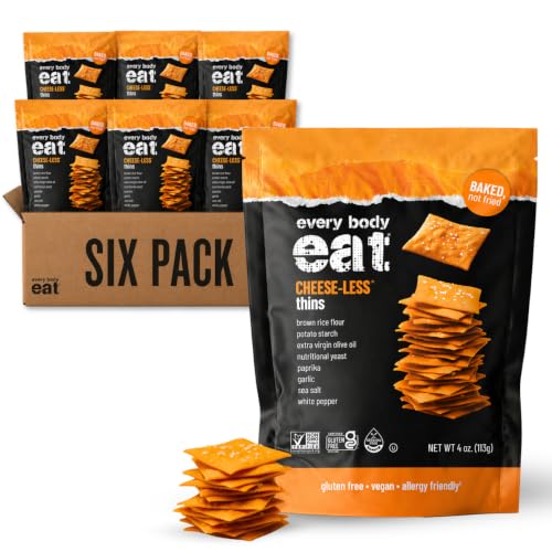 Every Body Eat Gluten Free Crackers, Cheese-Less – Vegan Snacks, Dairy Free Cheddar Style Snack Crackers, Seed Oil Free (Pack of 6), 4 oz Bags