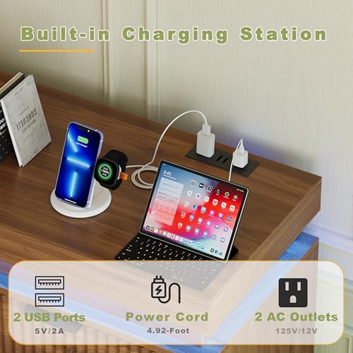 Image of 6 Drawer Dresser with LED Lights and Charging Station, 47 inch Wide Walnut Wood Fluted Dresser for Bedroom, Modern Chest of Drawers for Closet Organizer Cabinet for Living Room, Entryway, Hallway