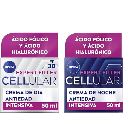 NIVEA Cellular Expert Filler - Set Crema de Día FP30 y Crema de Noche - Antiarrugas, Rellenador 24h, Firmeza, Antiedad, Protección Solar - Con Ácido Hialurónico y Fólico - Todo Tipo de Piel - 2x 50 ml