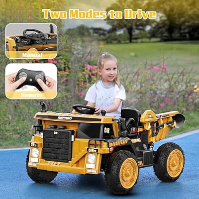 ANPABO Ride on Dump Truck, Ride on Car with Remote Control, Electric Dump Bed and Extra Shovel, Ride on Construction Vehicle with Music Player, Key Start for Safety, Ideal Gift for Kids