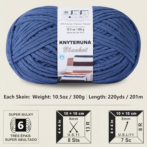 Image of #6 Super Bulky Blanket Yarn for Crocheting - 4 Skeins(Each 10.5oz /300g, 220yds /201m), Chunky Chenille Thick Plush Big Soft Yarn for Crocheting Knitting Blankets, Country Blue