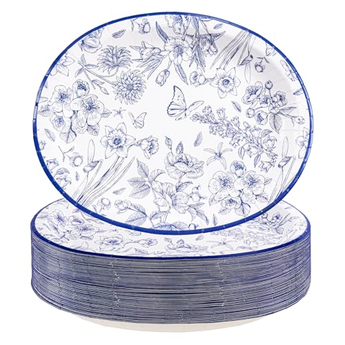 WDF 50Pack Blue Oval Paper Plates - 10"x12"Heavy Duty Floral Oval Paper Plates - Spring Large Floral Disposable Platters for Spring/Birthday/Picnics/Party