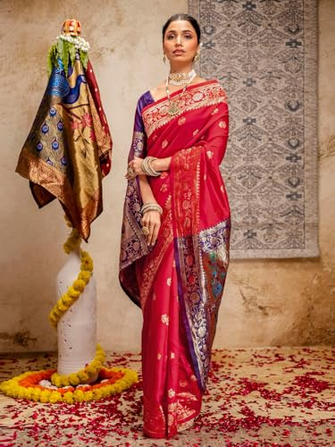 Image of SIRIL Women's Paithani jacquard Silk Saree |Chandrakor Paithani jacquard Saree With Unstitched Blouse Piece