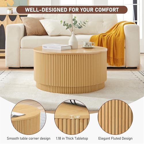 Image of LEVNARY 31.5 inch Round Coffee Table with Storage, Boho Coffee Tables with Fluted Base, Wooden Circle Accent Center Table for Living Room Small Space Apartment Office (Natural)