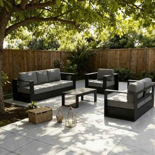 Image of LayinSun Oversized Aluminum Outdoor Furniture Set, 4 Piece Patio Sofa Sets with Coffee Table, Deep Seating and Upgraded 6-inch Cushions for Porch, Balcony, Deck
