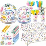 Kochorie 194 Pieces Happy Easter Tableware Set Colorful Easter Bunny Egg Dinnerware Includes Paper...