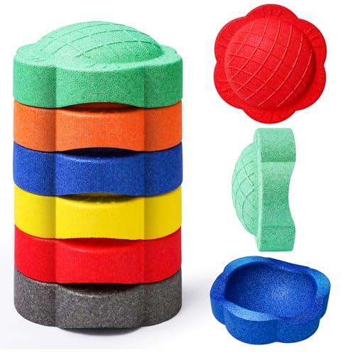 Balanciersteine für Kinder, 6er Balance Trittsteine Stapelbar,Farbenfrohes Stapelsteine Stepping Stones, Rutschfeste Spielsteine Balancierstein Kinder, Balance Steine Set Für Drinnen und Draußen