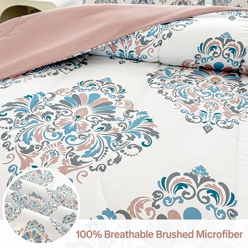 Image of lasoftan Floral King Comforter Set with Sheets, 7 piece Luxury Vintage Bedding, Soft Microfiber Bed in a Bag, Cozy Lightweight Bed Set, Damask Boho Flower