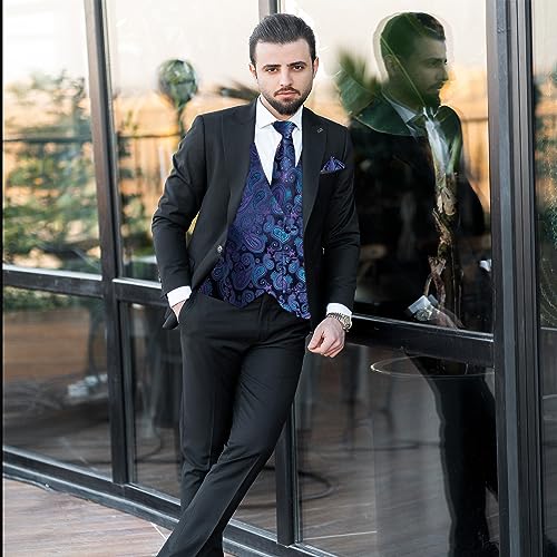Image of DiBanGu Mens Paisley Vest Silk Sleeveless Suit Vest and Neck Tie Pocket Square Cufflinks Set for Wedding Formal