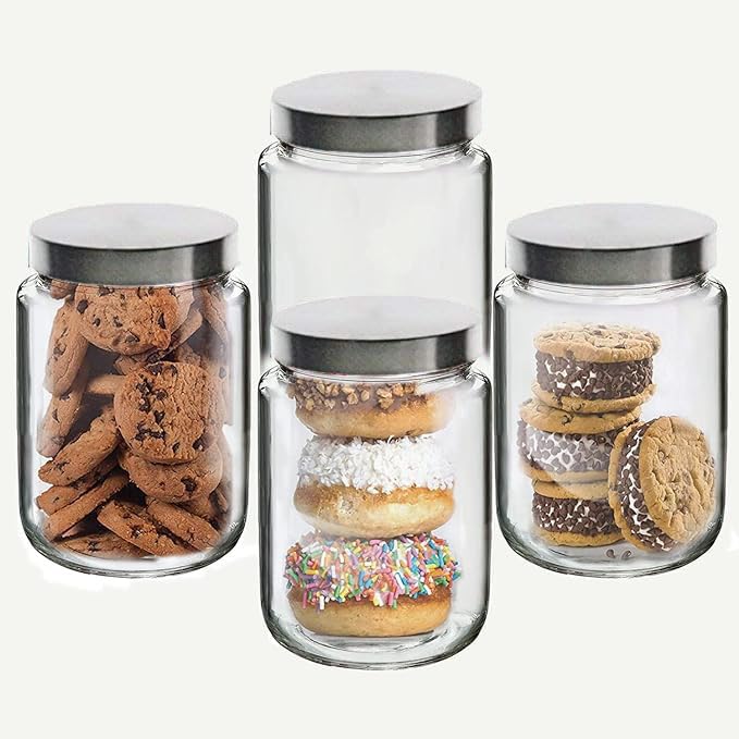 1000ml Transparent Glass Jars & Containers for Kitchen 1KG Glass Jar with lid Snacks, Masala, Coffee Storage with steel Lid (1000ml, Set Of 4)