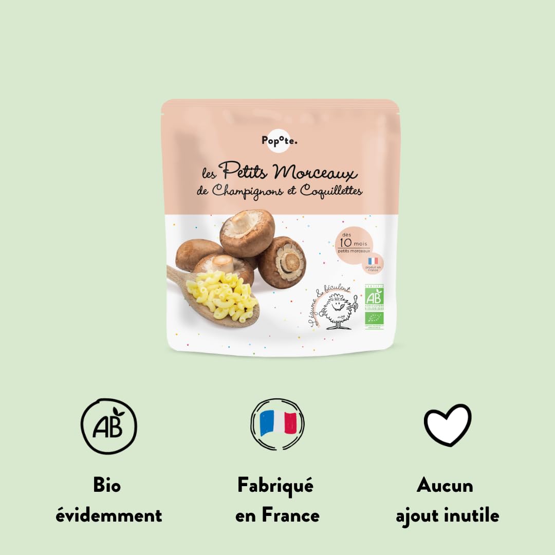 POPOTE - Petits Morceaux Champignons Coquillettes Bio - Repas Bébé Dès 10 Mois - Sachet Individuel 190g - Recette Simple et Équilibrée - Format Pratique à Emporter - Pack Familial 10 x 190g