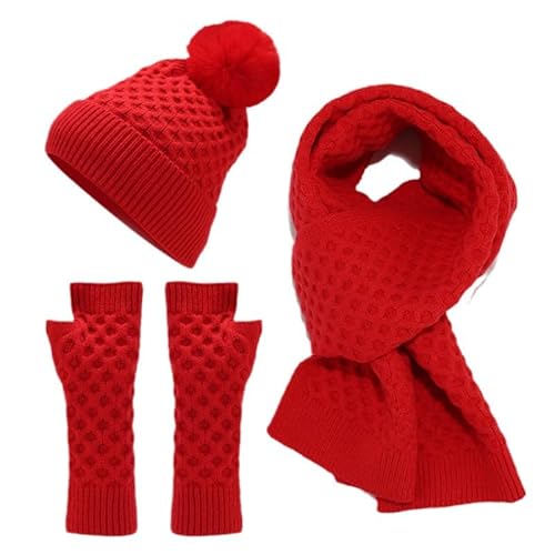 APXXAIBO Thick Wool Knit Set - Autumn Winter Fashion Street Warm Hat Scarf Gloves (red)