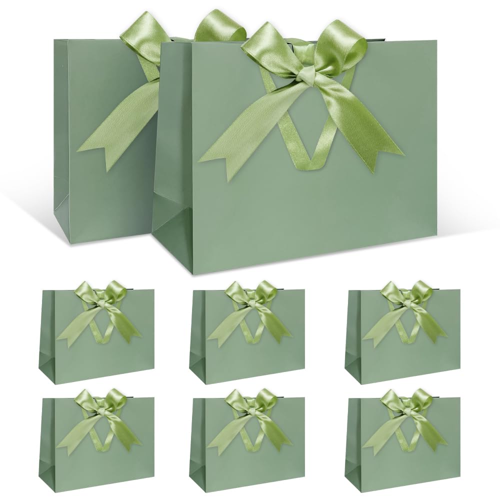 Gift Bags Set, Green Gift Bag with Ribbon Green Gift Bag with Handles 8pcs 30 x 21 x 10 cm Large Gift Bags for Birthday Wedding Anniversary Christmas