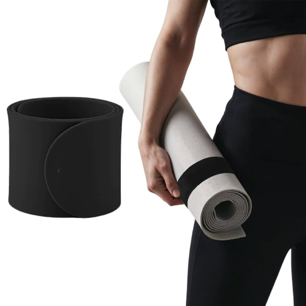 Huanfeimo Black Yoga Mat Strap Slap Band Portable Yoga Mat Carrying Strap Silicone Pilates Mat Slap Band for Fitting Most Standard Mats (6mm-8mm) One Snap Keep Exercise Mat Tightly Rolled and Secure