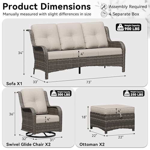 Image of 5 Piece Outdoor Wicker Patio Furniture Set, Outdoor Swivel Rocker Patio Chairs Set with Thickened Olefin Cushions, High Back and Deep Seating, Hand-Woven PE Rattan for Porch, Deck