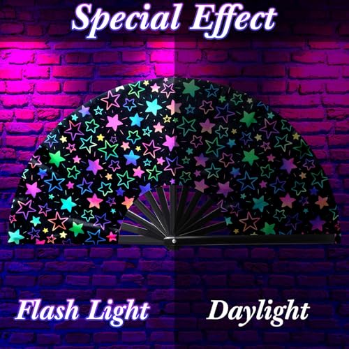 Image of FairySandy Large Rave Fan UV Glow Hand Fan with Holster for Men Women Carnival Gear Disco Party Supplies for Carnival Edm Music Festival Club Accessories Performance(Star,Mixed Color)