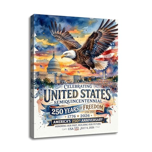YSPCSUN USA 250th Anniversary Canvas Poster 250 Years Of Freedom Celebration America Semiquincentennial 1776-2026 Wall Art Patriotic Decor For July 4th Veterans Room Framed 24x18 Inch