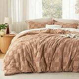 Bedsure Full Size Comforter Set Taupe, Boho Tufted Bedding Comforter Set, Checkered Farmhouse Shabby Chic Bed Set, 3 Pieces, 1 Plaid Geometric Comforter and 2 Pillow Shams