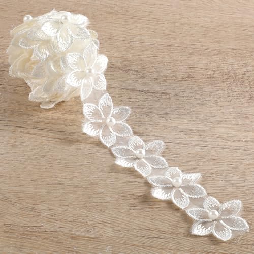 Organza Flower Lace Trim Ribbon White Lace Applique Embellishments Flower Dress Applique Trim with Pearl 3D Embroidered Ribbon Organza Flowers for DIY Craft Clothing Wedding Decorations