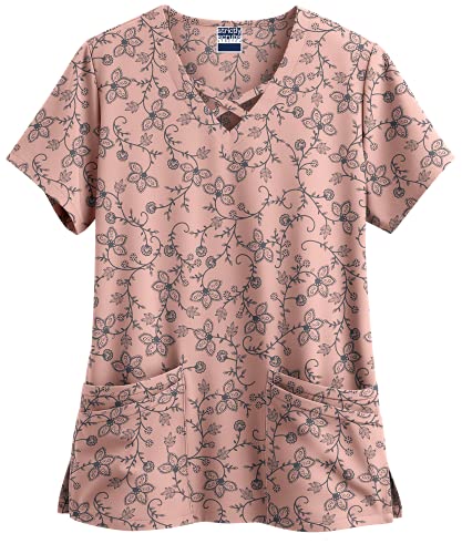 Strictly Scrubs Women s Stretch Floral Vines Print Scrub Top – Criss Cross Trim Medical Scrub Top (Medium)