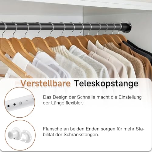 Garderobenstange Schwarz, Ausziehbare Kleiderstange 74-130cm,1 Set Teleskop-Schrankstange für Schlafzimmer Schrank-Kleiderstange （Durchmesser 32 x 28 mm）
