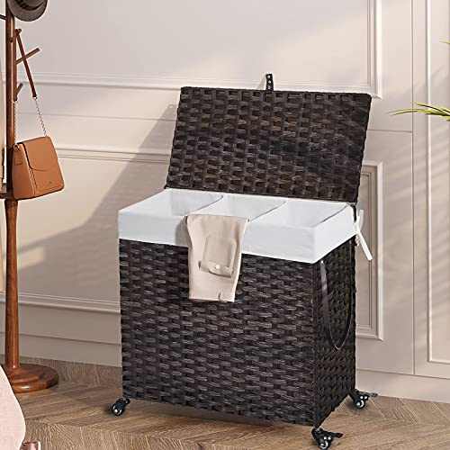 Greenstell Laundry Hamper With Wheels&Lid, 125L Large 3 Sections Clothes Hamper With 2 Types Removable Liner Bags, 5 Mesh Laundry Bags, Handwoven Divided Laundry Basket Brown #TOP7