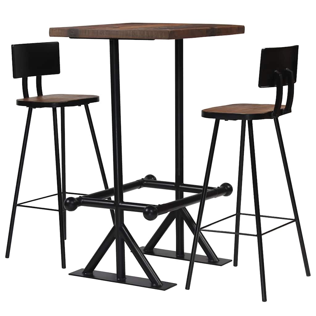 Ensemble de bar 3 pièces en bois massif recyclé avec cadre en acier, style industriel, idéal pour la restauration et la maison, robuste, durable, polyvalent, adapté pour la salle à manger et