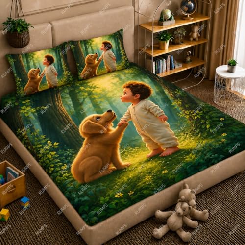 Image of RUMPS 7D Digital Printed King Size Bedsheet | Premium Microfiber Bedding Set with 2 Pillow Covers, Magical Forest Baby & Puppy Theme